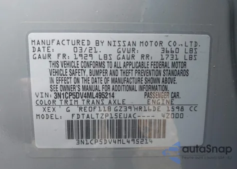 2021 Nissan Kicks Sr Xtronic Cvt from USA, damaged, VIN 3N1CP5DV4ML495214